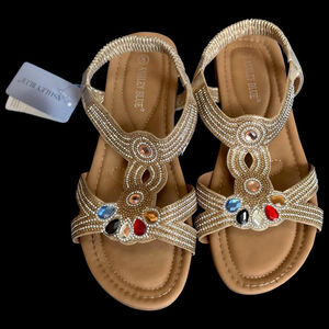 Ashley Blue Gold Beaded Jeweled Sandals | 8 | Boho Resort Dressy Gemstone Flats